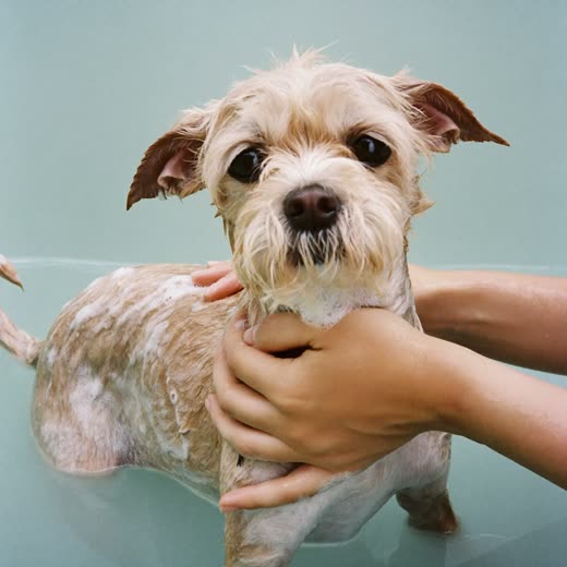 A dog being bathed and lathered