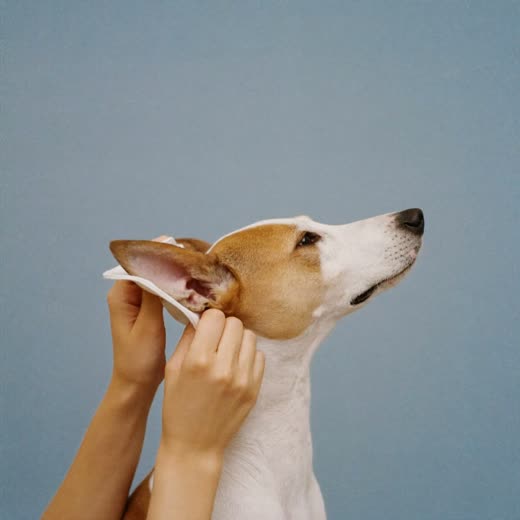 A dog's ear being gently cleaned