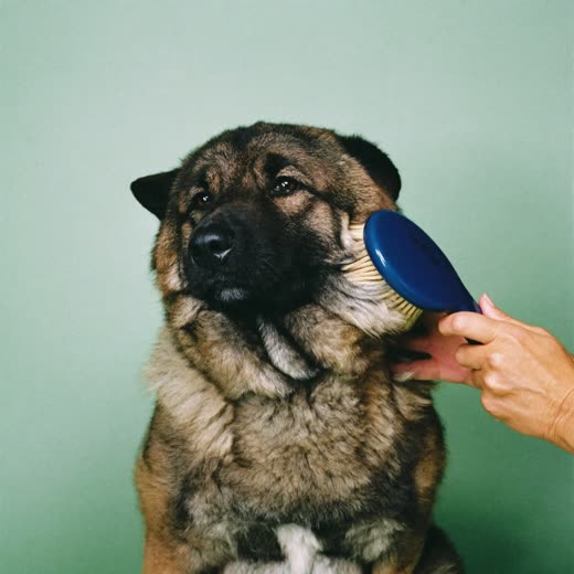 A thick-coated dog being brushed out